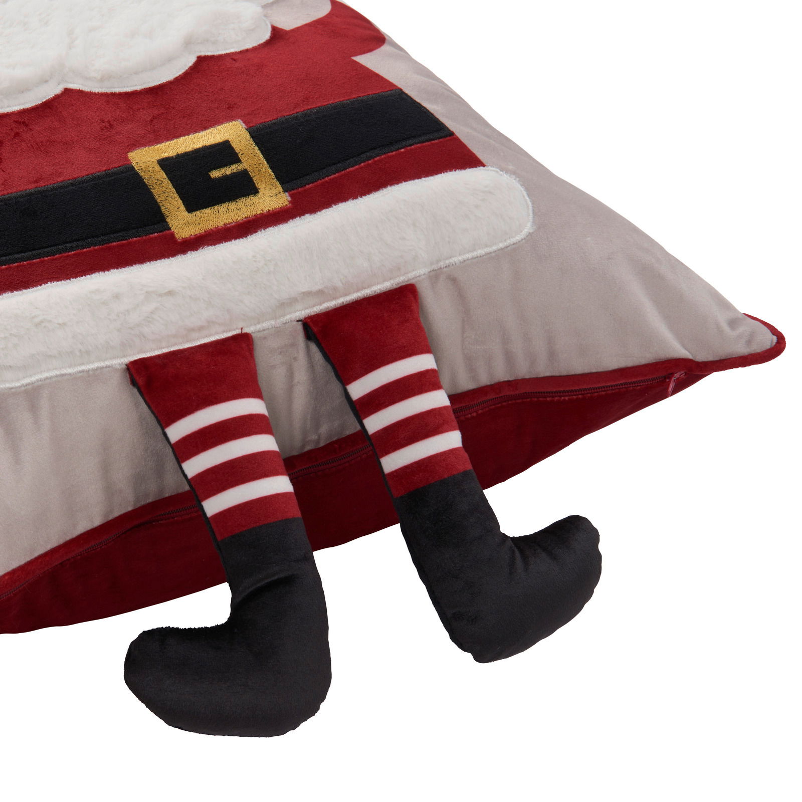 Kissenhülle 48x48cm mit weihnachtlichem Design, zeigt die Beine und den unteren Teil eines Weihnachtsmanns mit rotem Anzug und schwarzem Gürtel, Perspektive von der Seite