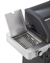 Seitenansicht der BBQ-Station Videro G4-S mit geöffneter Seitenkochstelle und Edelstahlrost.