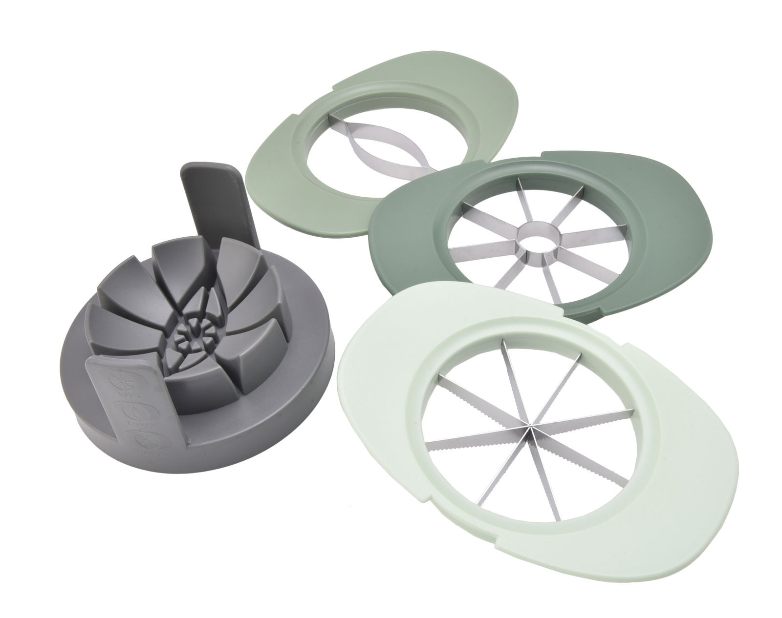 Apfelteiler aus Kunststoff in verschiedenen Farben, von oben betrachtet, mit scharfen Klingen zum einfachen Schneiden von Äpfeln.