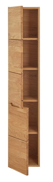 Hochschrank aus Holz mit geöffneter Tür, seitliche Perspektive