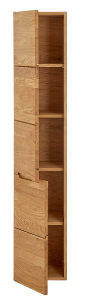 Hochschrank aus Holz mit geöffneter Tür, seitliche Perspektive