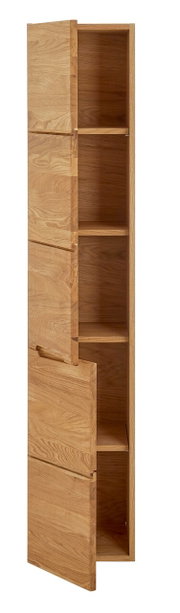 Hochschrank aus Holz mit geöffneter Tür, seitliche Perspektive