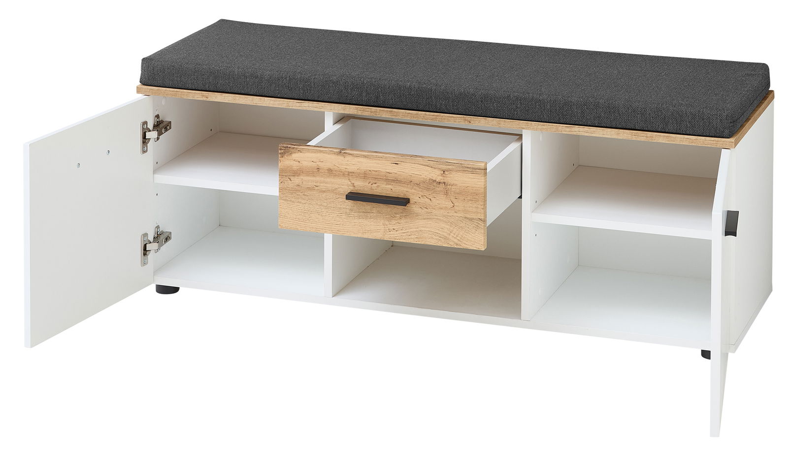 Garderobenbank mit weißem Korpus, Holzschublade und grauem Sitzkissen, Frontansicht