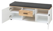 Garderobenbank mit weißem Korpus, Holzschublade und grauem Sitzkissen, Frontansicht