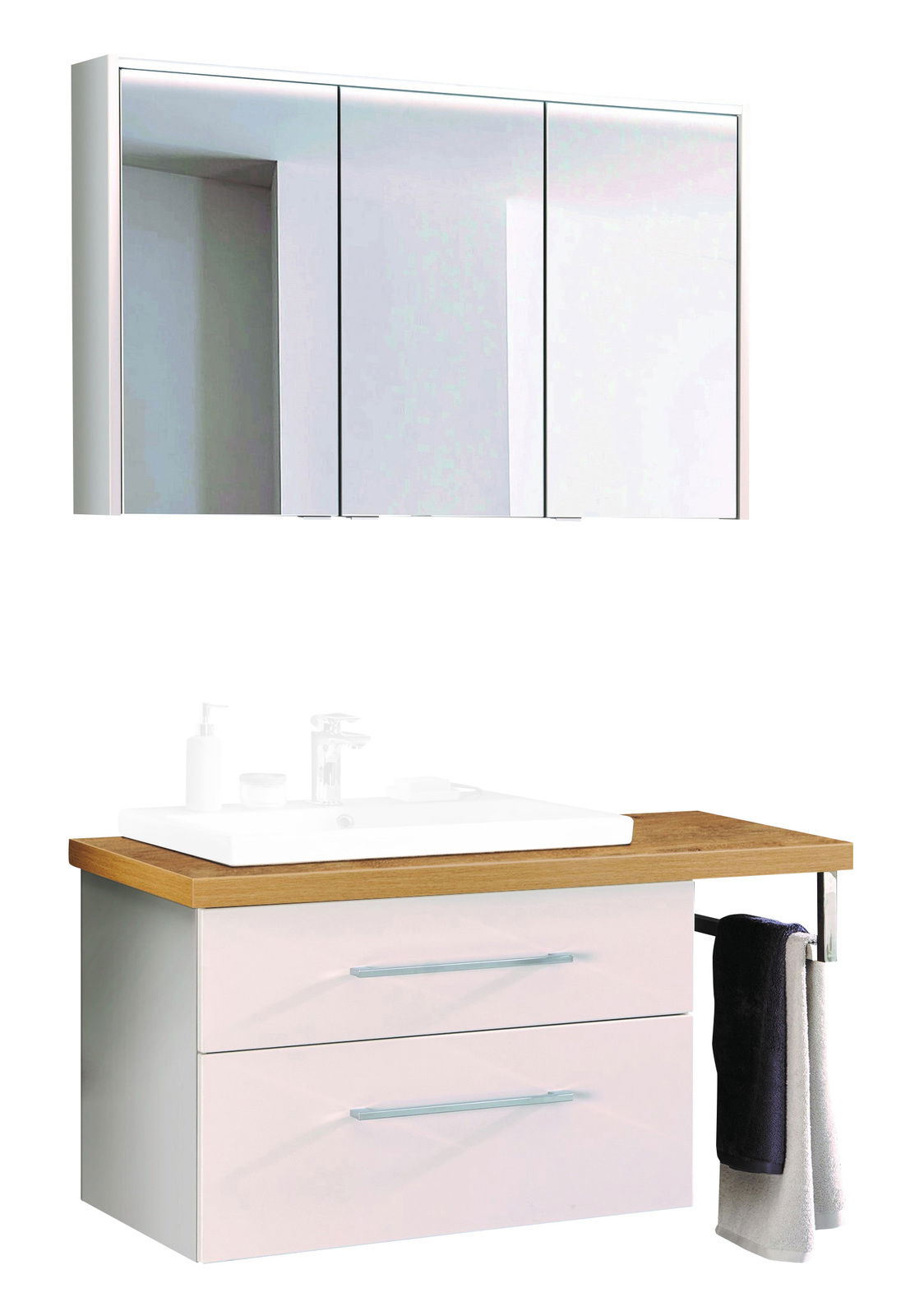 Voleo Badkombination LARA Moderne Badkombination mit Spiegelschrank und Waschtisch aus Holz und weißen Schubladen, seitliche Perspektive