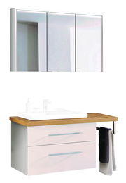 Moderne Badkombination mit Spiegelschrank und Waschtisch aus Holz und weißen Schubladen, seitliche Perspektive