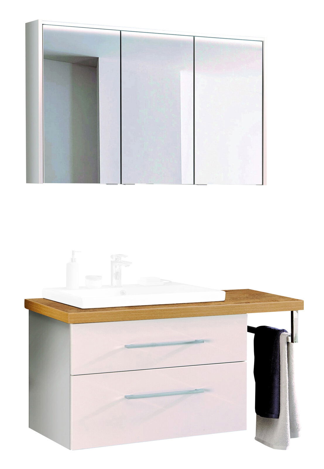 Voleo Badkombination LARA Moderne Badkombination mit Spiegelschrank und Waschtisch aus Holz und weißen Schubladen, seitliche Perspektive