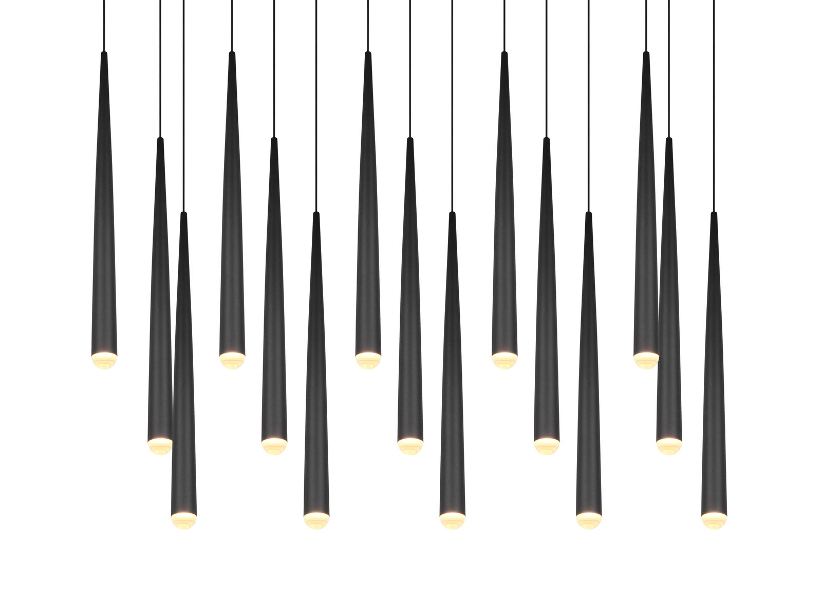Mehrere moderne, schwarze Pendelleuchten in konischer Form, von unten betrachtet.