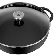 Bauernpfanne 28cm mit Glasdeckel und Metallgriff, seitliche Perspektive