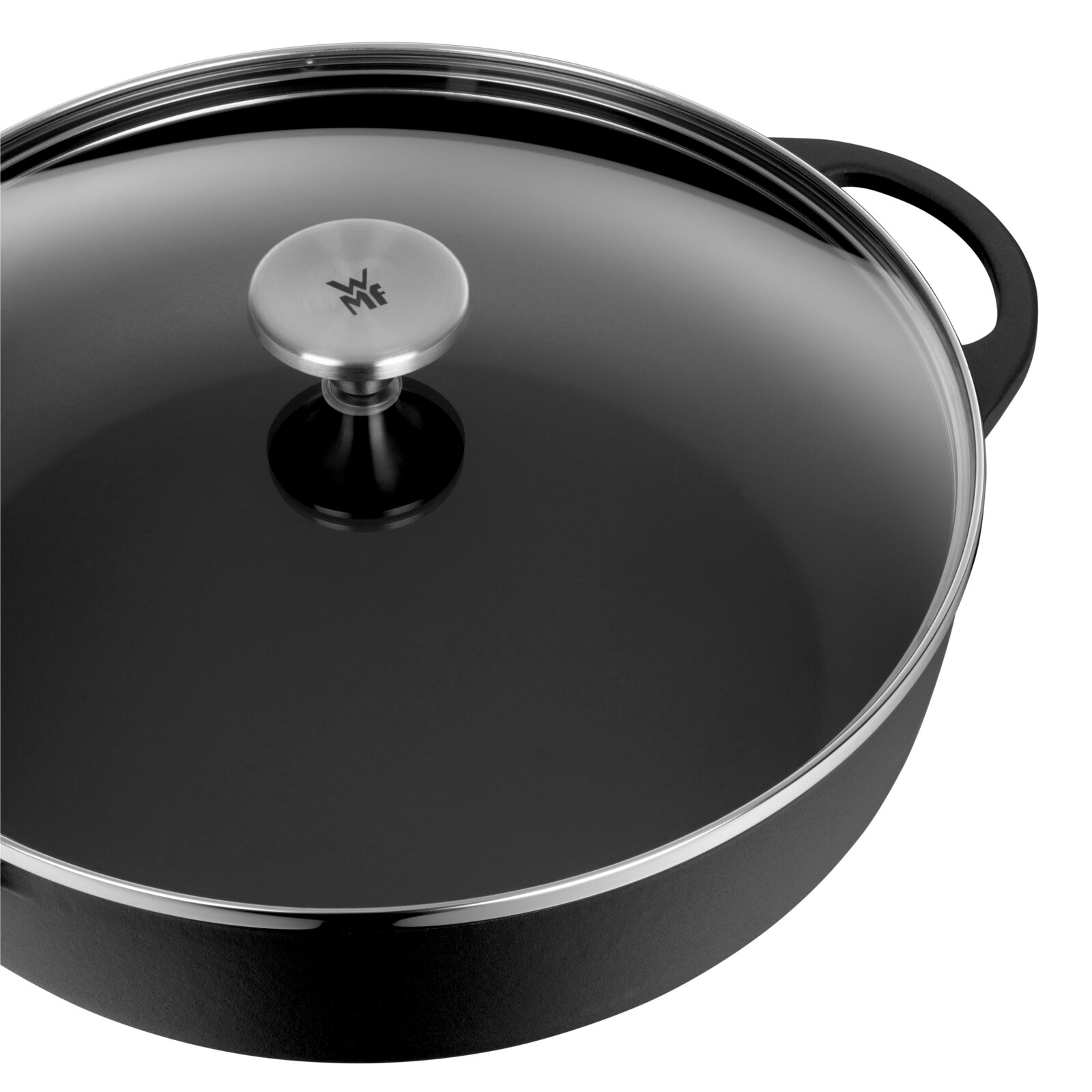 Bauernpfanne 28cm mit Glasdeckel und Metallgriff, seitliche Perspektive