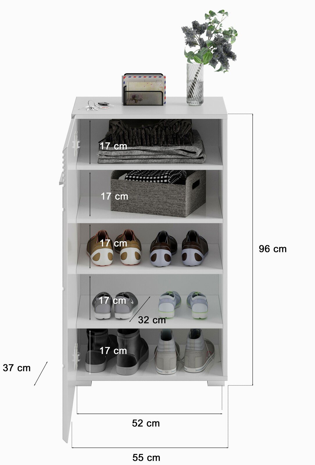 Garderobenkombination mit mehreren Regalfächern, gefüllt mit Kleidung, Schuhen und Accessoires, aus der Vorderansicht.