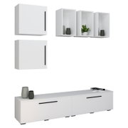Modernes weißes Wohnwand-Set mit Lowboard, zwei Hängeschränken und drei offenen Wandregalen, schwarze Griffleisten; Produktansicht schräg von vorn auf weißem Hintergrund.