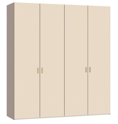 Beige kledingkast met vier draaideuren en metalen handgrepen, schuin van voren links gefotografeerd