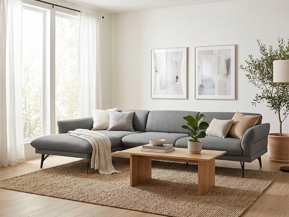Grijze hoekbank met kussens en plaid in een lichte, moderne woonkamer.