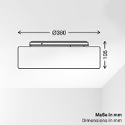 Technische Seitenansicht einer runden Deckenleuchte mit Maßangaben: Durchmesser 380 mm und Höhe 105 mm, perspektivisch als Seitenprofil dargestellt.