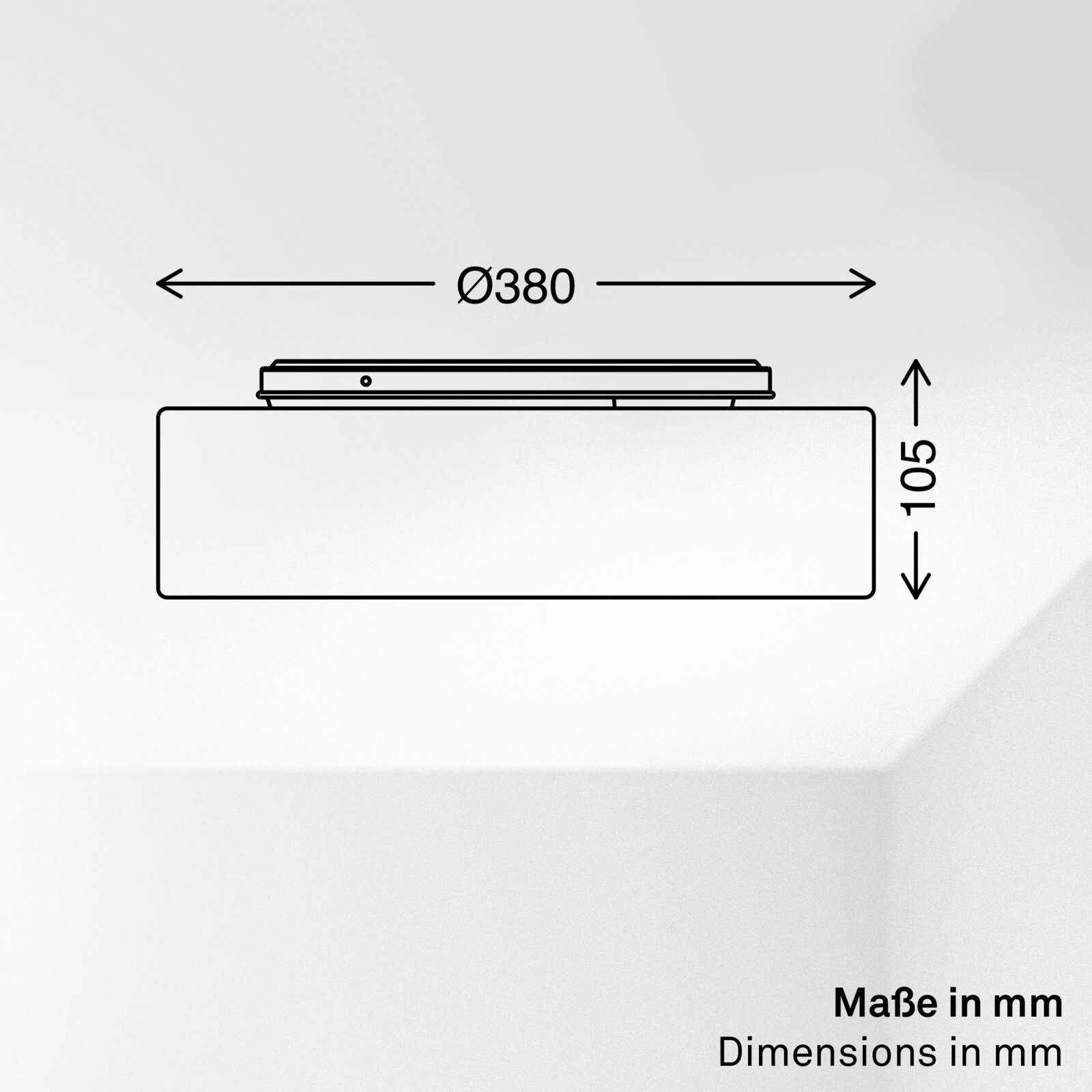 Technische Seitenansicht einer runden Deckenleuchte mit Maßangaben: Durchmesser 380 mm und Höhe 105 mm, perspektivisch als Seitenprofil dargestellt.