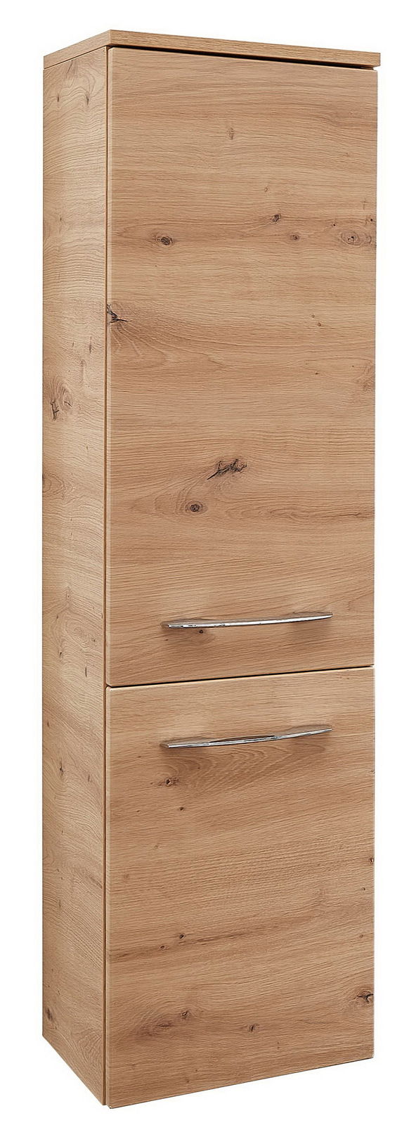 Midischrank aus Holz mit zwei Türen und Metallgriffen, seitliche Perspektive