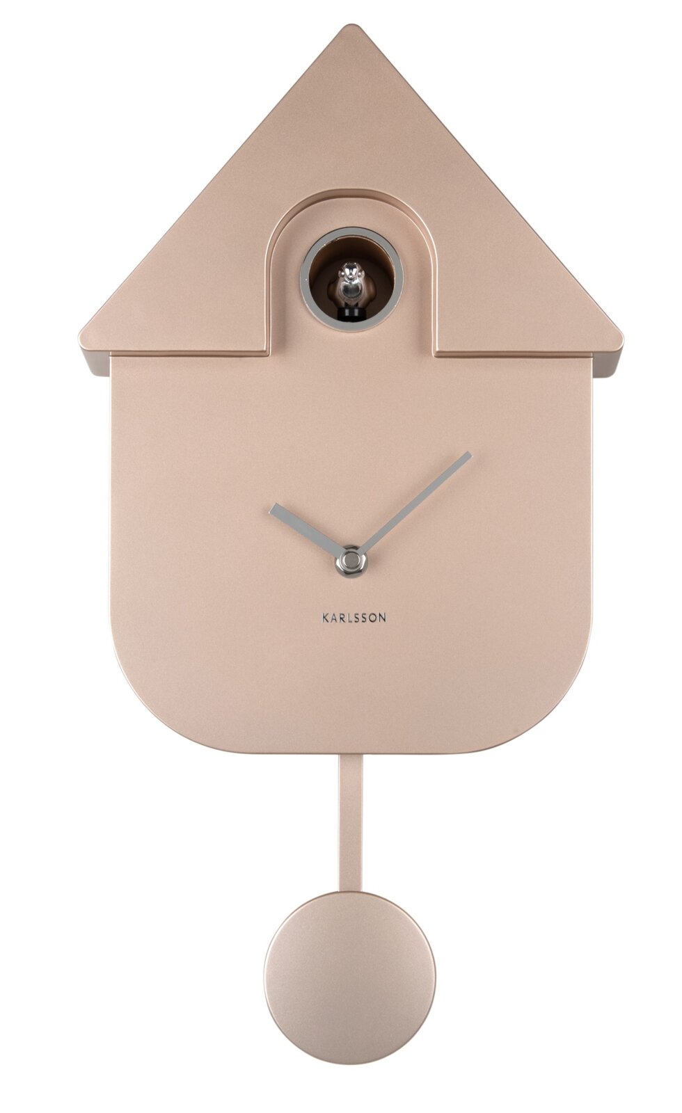 Moderne wandklok in de vorm van een huis met slinger, afgebeeld van voren, in een elegante beige tint.