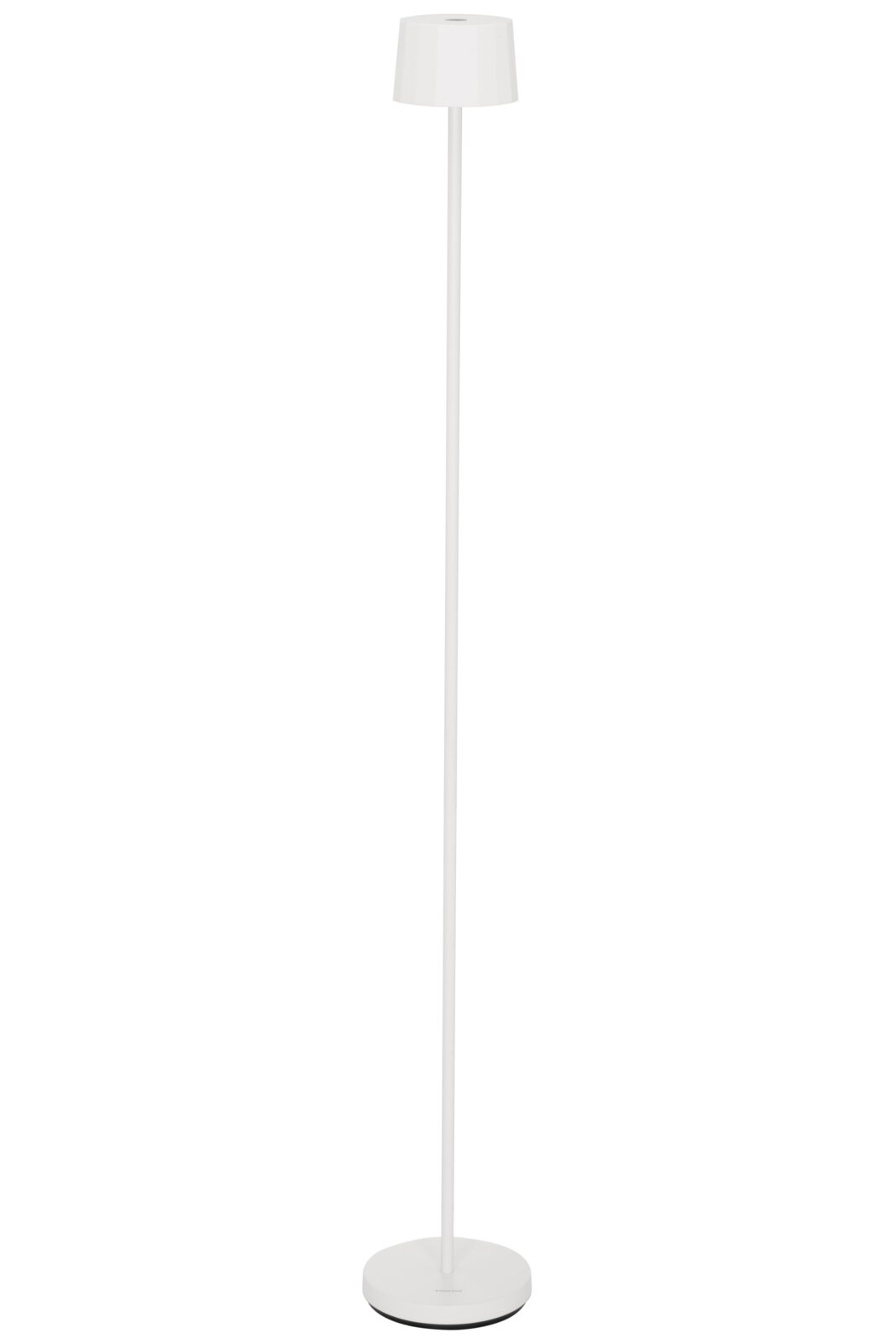 Witte accu-staande lamp in vooraanzicht, met ronde voet en een strak ontwerp