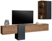 Moderne Wandkombination aus Holz und Metall mit TV, Lampe und Dekorationen, seitliche Perspektive