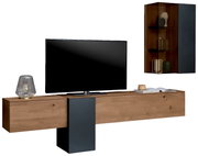 Moderne wandcombinatie van hout en metaal met tv, lamp en decoraties, zijaanzicht