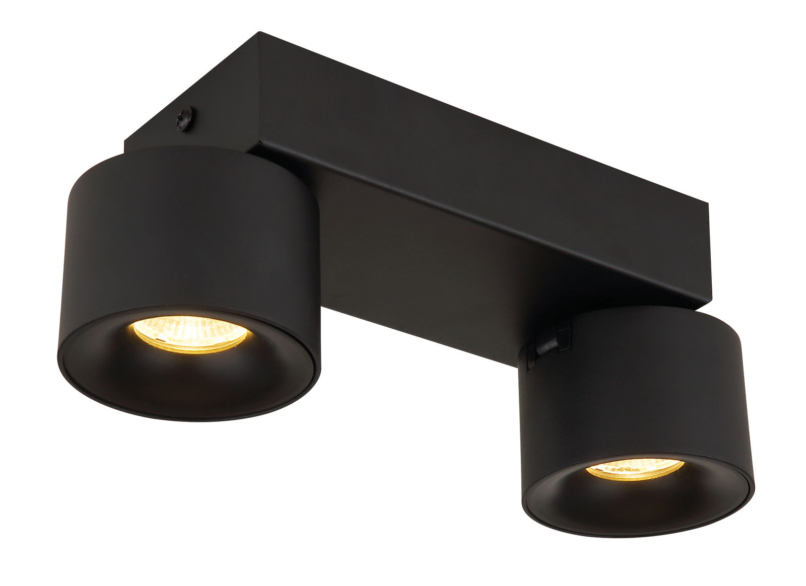 Schwarzer LED Strahler mit zwei zylindrischen Leuchten, seitliche Perspektive