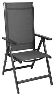 Schwarzer Klappsessel aus Metall mit Netzbespannung, seitliche Perspektive