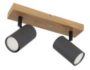 Zweiflammiger Strahler aus dunkelgrauem Metall mit Holzhalterung, seitliche Perspektive