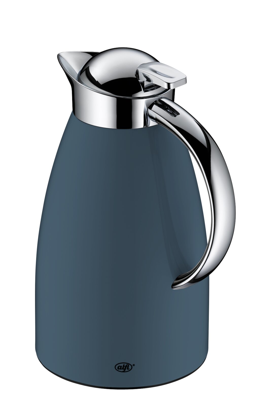 Dunkelblaue Isolierkanne mit glänzendem Chromdeckel und ergonomischem Griff, Ansicht schräg von vorn/oben vor weißem Hintergrund