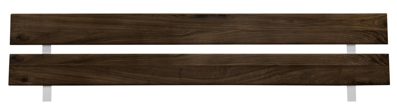 Kopfteil aus dunklem Holz mit Metallakzenten, Vorderansicht