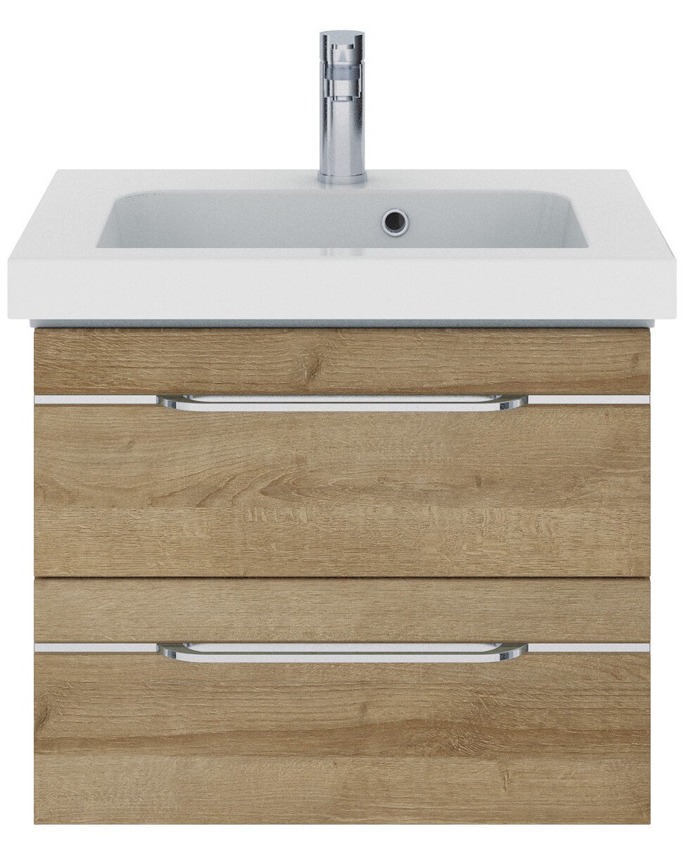 Moderner Waschtisch mit Holzoptik und integriertem Waschbecken, Frontalansicht