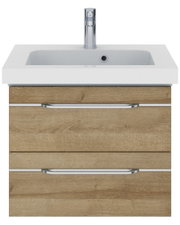 Moderne wastafel met houtlook en geïntegreerde wasbak, vooraanzicht