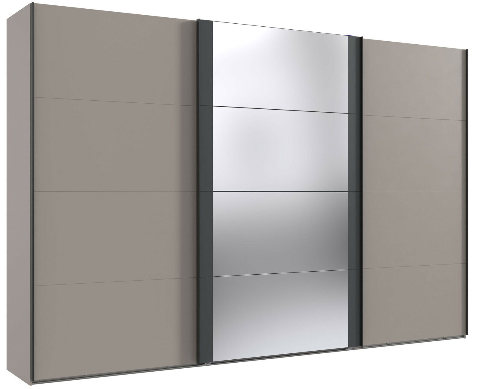Schwebetürenschrank mit drei Türen, mittlere Tür mit Spiegel, seitliche Türen in grauer Farbe, Frontalansicht