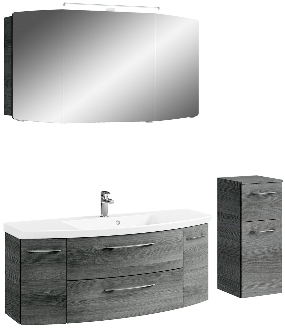 Moderne Badkombination mit Spiegel, Waschbeckenunterschrank und Hochschrank in grauer Holzoptik, frontale Perspektive.