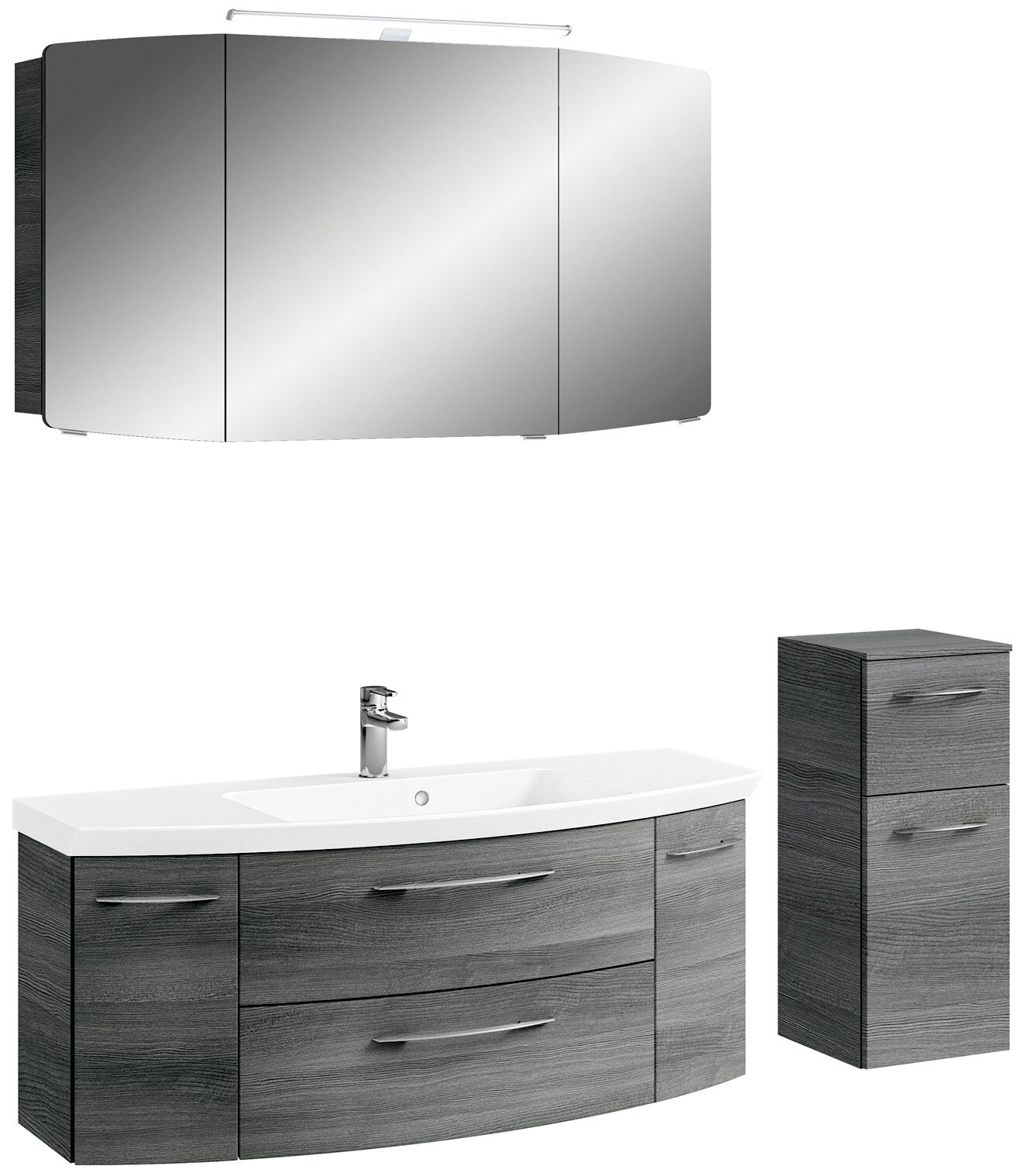 Pelipal Badkamercombinatie CASSCA SPRINT Moderne badkamercombinatie met spiegel, wastafelonderkast en hoge kast in grijze houtlook, gezien van voren.