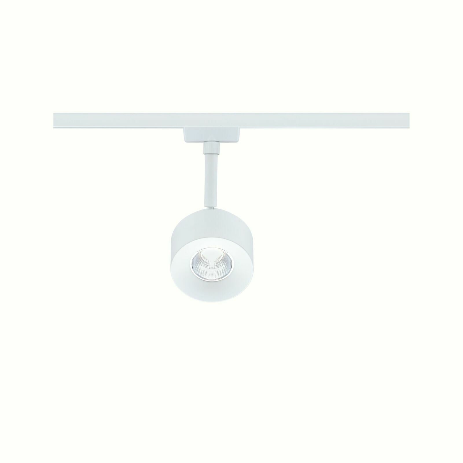 Weißer Schienenspot Pane, frontal von unten betrachtet, montiert an einer Schiene.