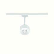 Weißer Schienenspot Pane, frontal von unten betrachtet, montiert an einer Schiene.