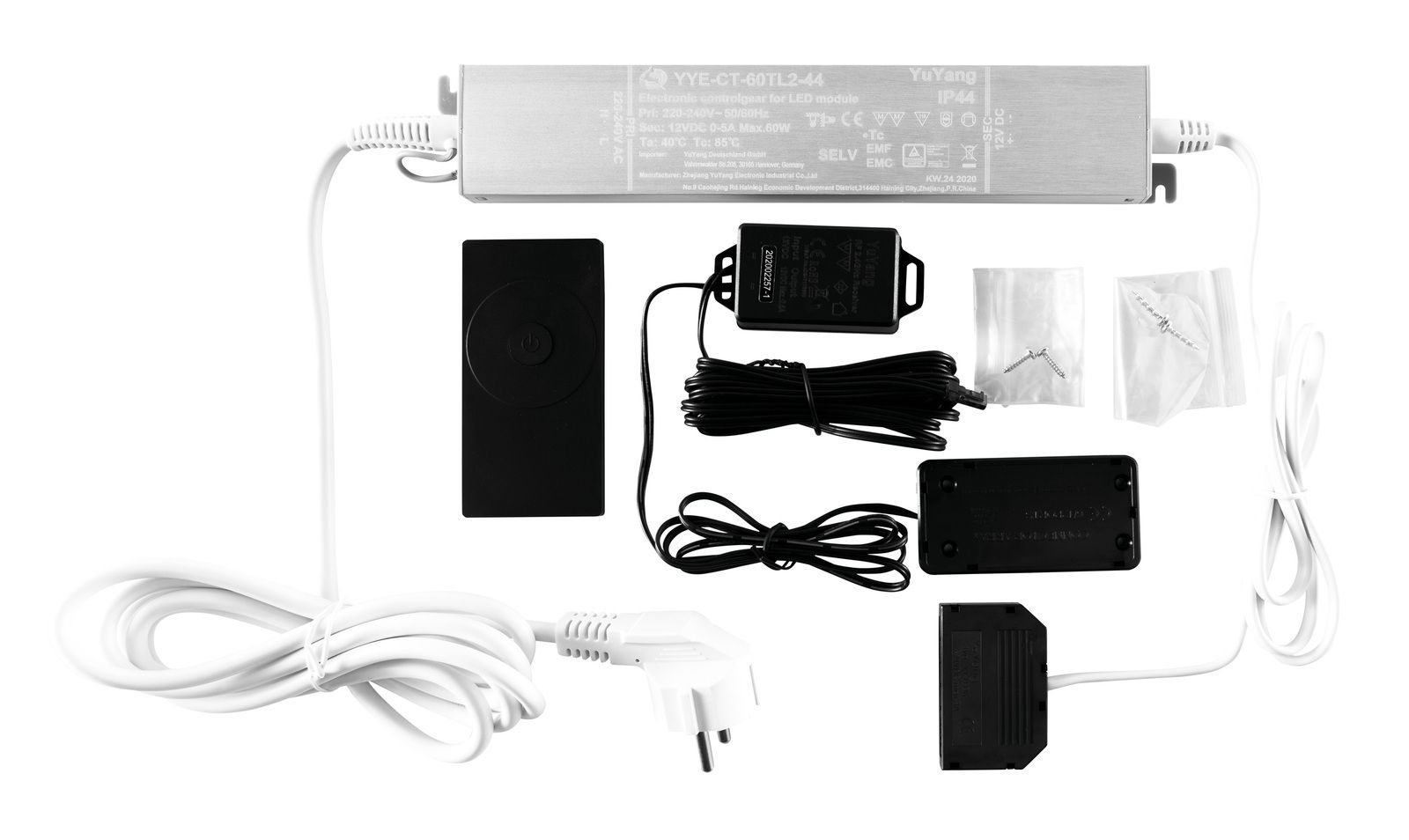 Zurbrüggen Funkfernbedienungs-Set BARCELONA Funkfernbedienungs-Set mit Netzteil, Fernbedienung, Kabeln und Montagematerial, aus der Vogelperspektive fotografiert.