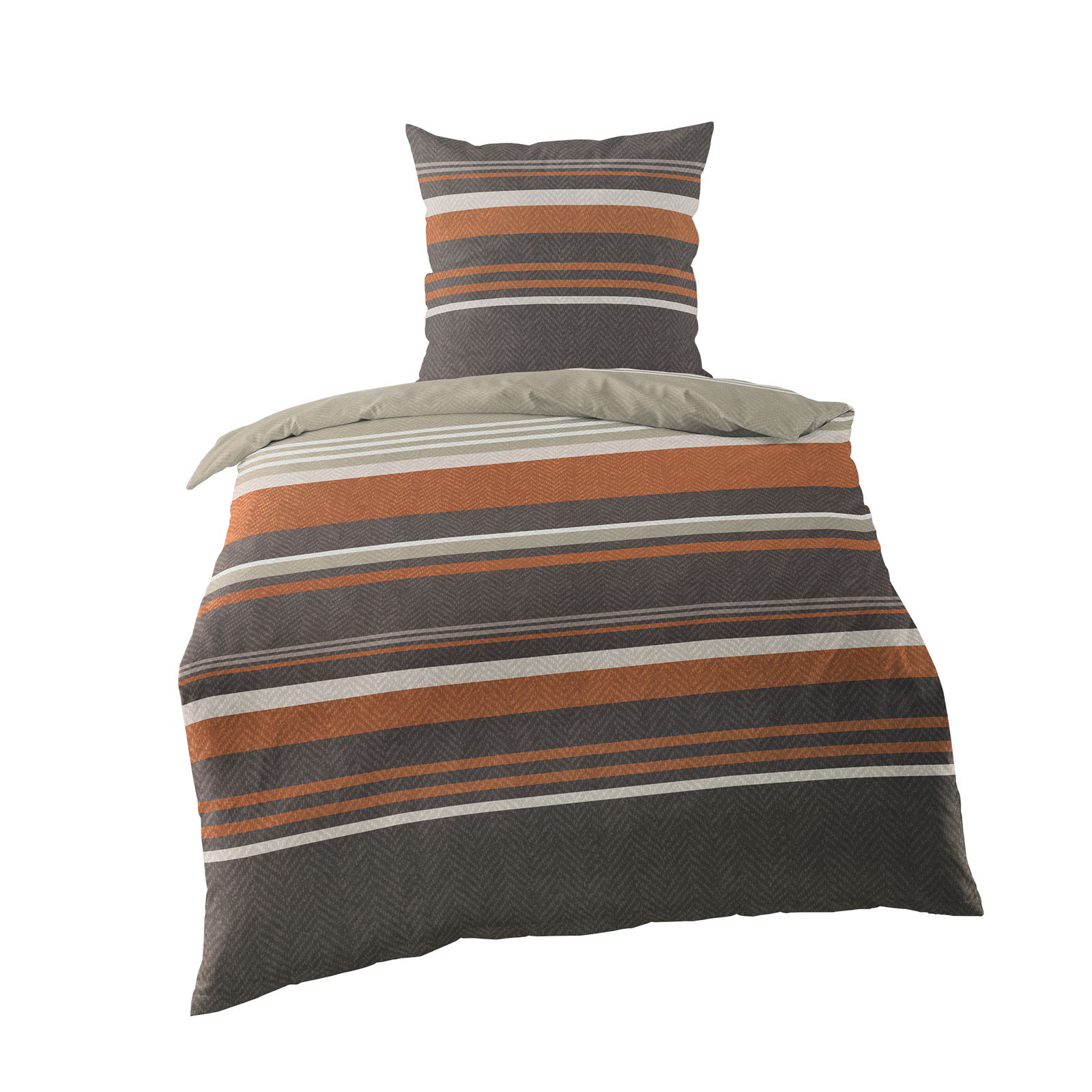 Bettwäsche-Set aus Mako-Satin in 135x200 cm mit Streifenmuster in Braun- und Grautönen, Ansicht von vorne
