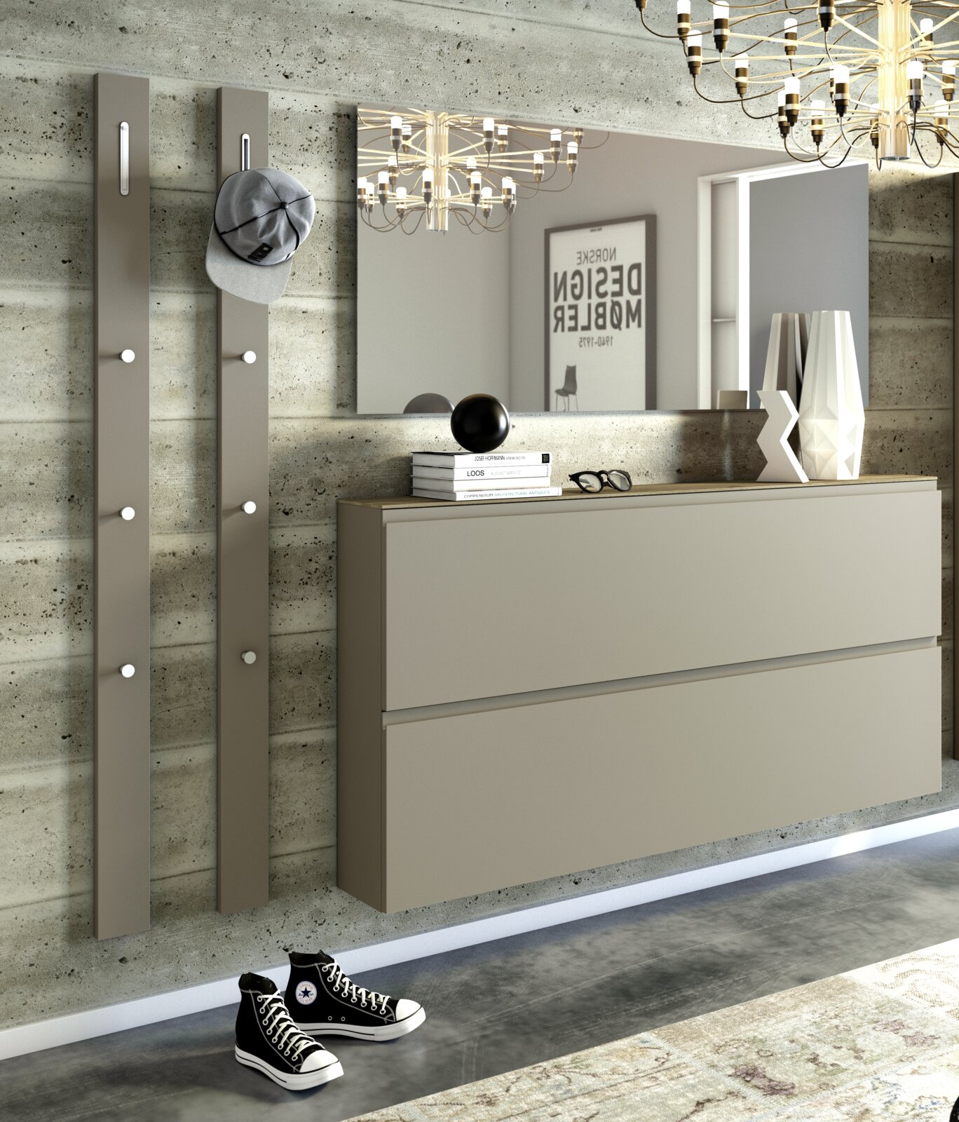 Moderano Garderobenset LECCO Moderne Garderobenset mit zwei vertikalen Paneelen mit Haken, einem großen Spiegel und einem schwebenden Sideboard in einer stilvollen, industriellen Umgebung. Perspektive von vorne.