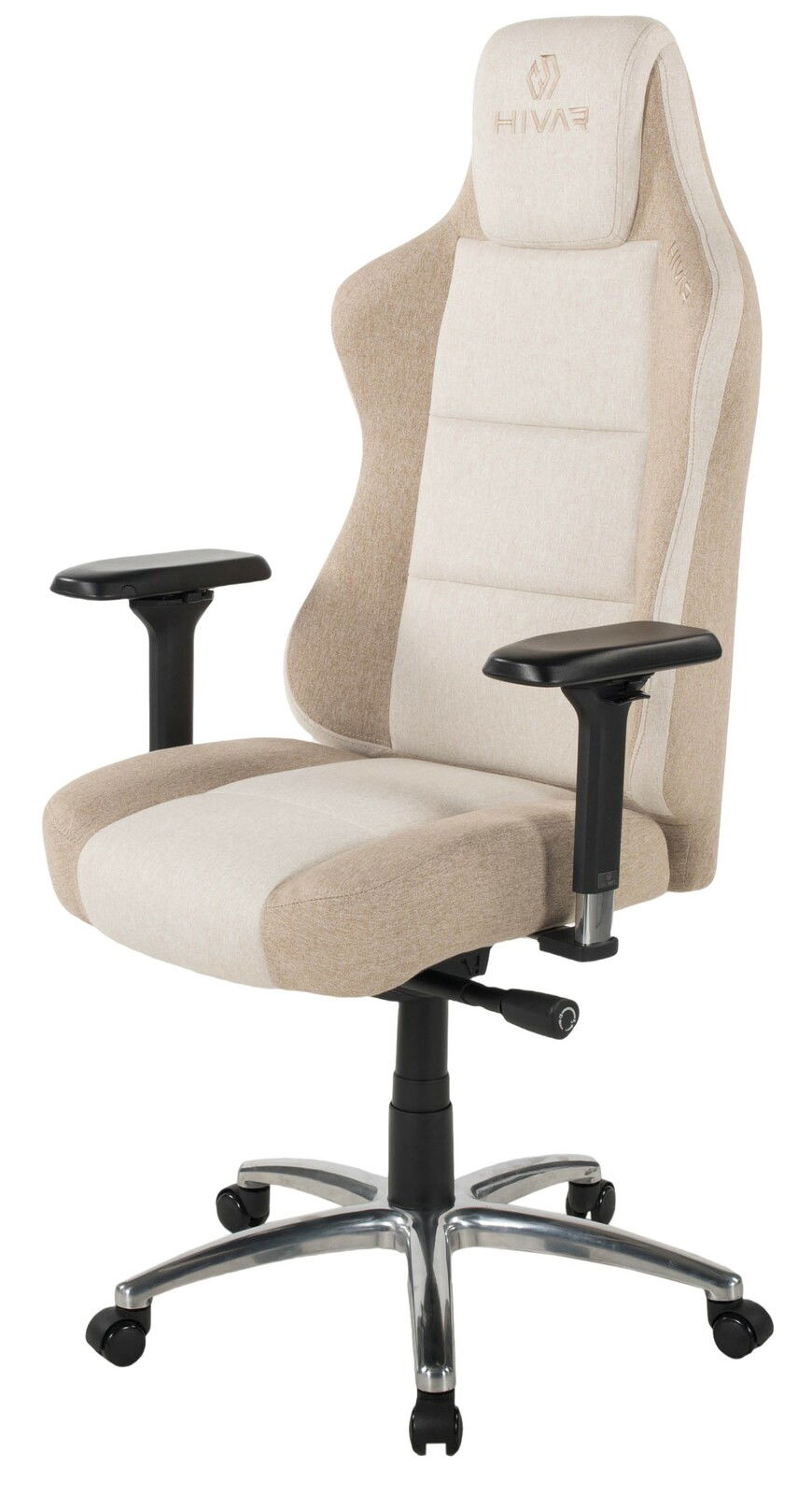 Beiger Gaming-Stuhl mit verstellbaren Armlehnen und stabiler Metallbasis, seitliche Perspektive