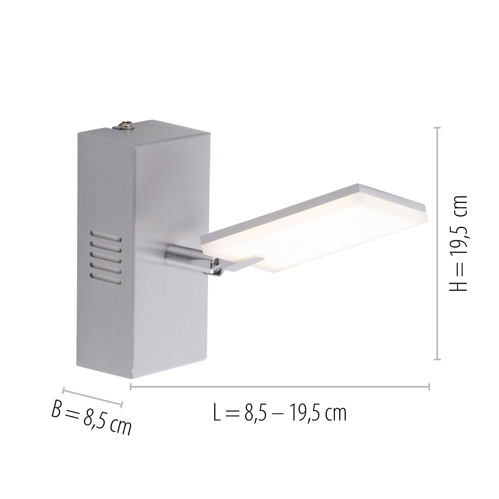 Moderne Wandleuchte aus Aluminium mit rechteckigem, verstellbarem Leuchtkörper, seitliche Perspektive.