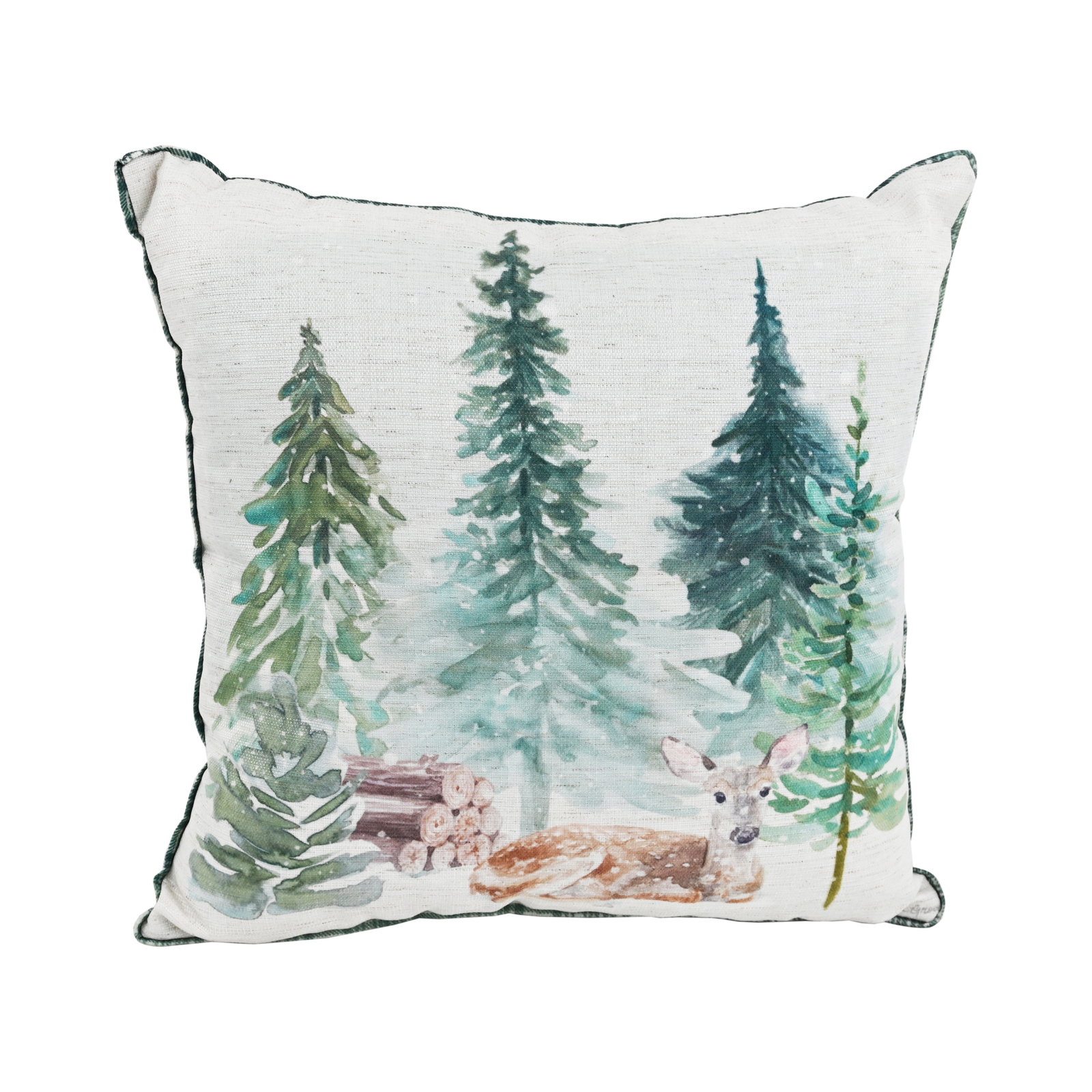 Zierkissen mit Waldmotiv, zeigt Tannenbäume und ein Reh, frontale Perspektive