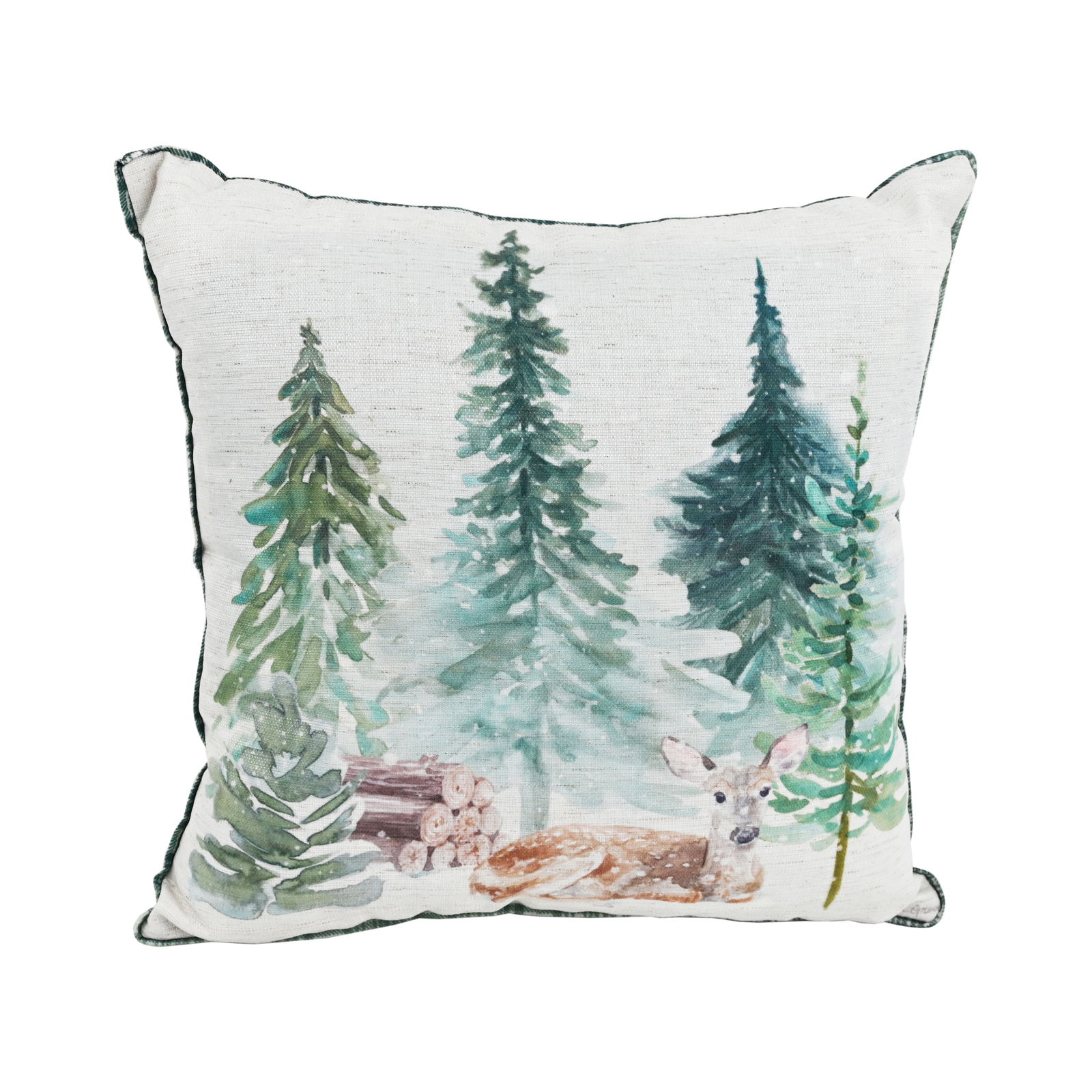 Zierkissen mit Waldmotiv, zeigt Tannenbäume und ein Reh, frontale Perspektive