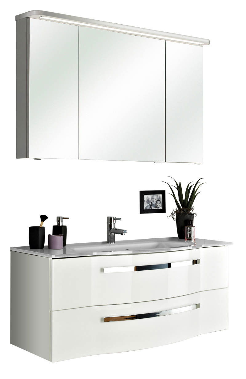 Moderner Badblock mit Spiegelschrank und Waschbecken, Frontalansicht