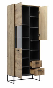 Geöffnete Vitrine MANHATTAN aus Holz mit schwarzem Innenraum, mehreren Regalfächern und zwei Schubladen, seitliche Perspektive.