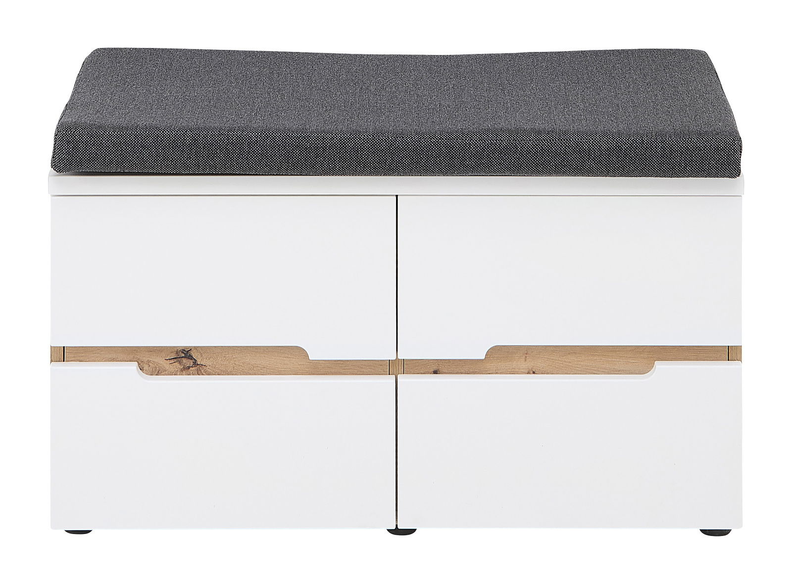 Weiße Garderobenbank mit grauem Sitzpolster und Holzakzenten, Frontalansicht