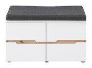 Weiße Garderobenbank mit grauem Sitzpolster und Holzakzenten, Frontalansicht