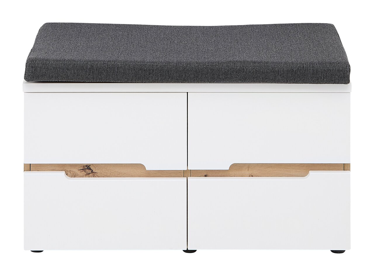 Weiße Garderobenbank mit grauem Sitzpolster und Holzakzenten, Frontalansicht