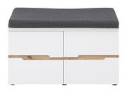 Weiße Garderobenbank mit grauem Sitzpolster und Holzakzenten, Frontalansicht